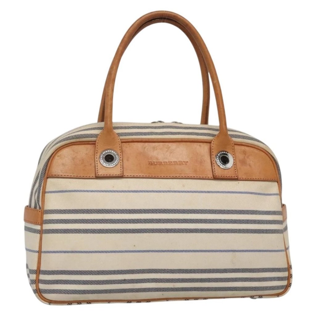 Burberry Hand Bag Canvas Leather White Silver Auth Bs28984